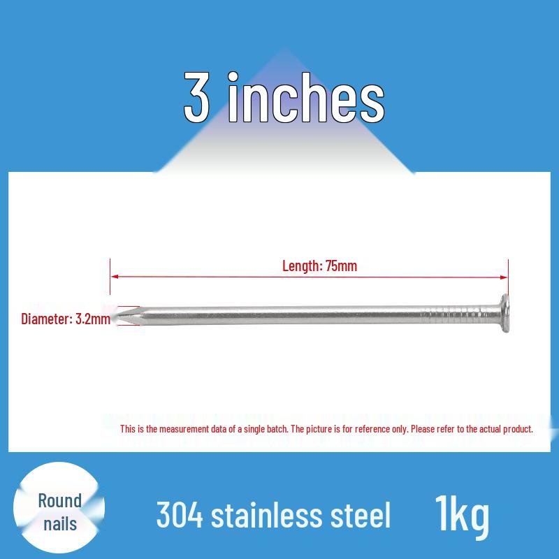 304 Stainless Steel Round Head Carpenter Nails - Available in 5/8, 1, 2, 3, 4, 5, and 6 inch sizes.