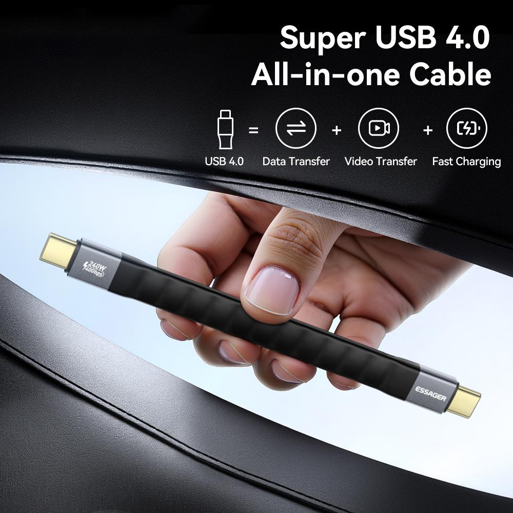 ESSAGER 0.125m 240W USB4.0 Full Function Data Cable Type-C To Type-C Charging Cord 40Gbps High Speed Transfer