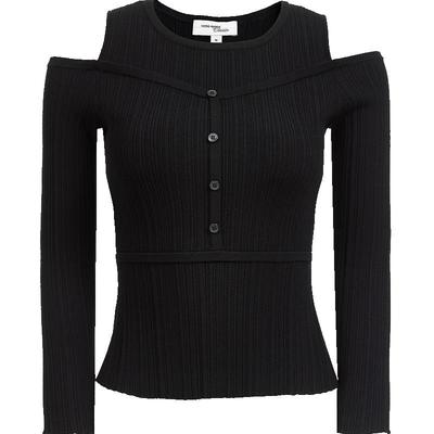 Women's 3/4 Sleeve Knit Top with Cut-Out Shoulders & Button Detail