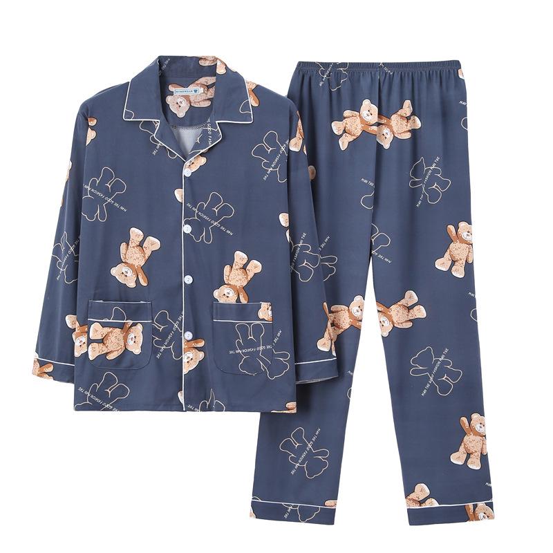 Men's Printed Long Sleeve Knit Cotton Pajama Set with Cardigan Lapel for Spring, Autumn, Winter