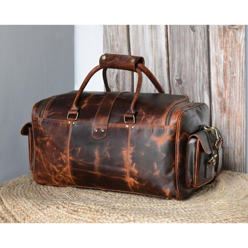 Buffalo Leather Duffel Bag, Monogram Weekend Bag, Full Grain Leather Overnight Bag, 3rd Anniversary Gift, Personalized Duffle Bag