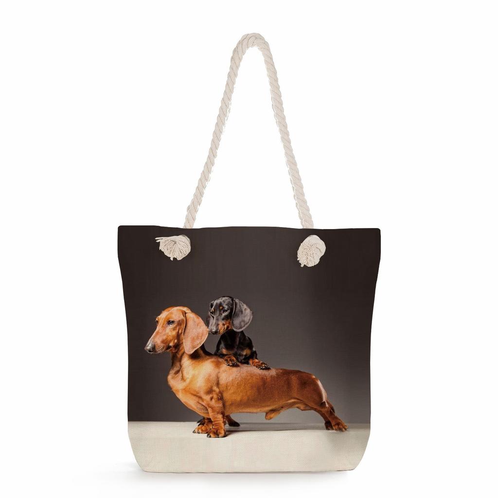 Sausage dog print thick rope single-shoulder beach bag 7284 CLE