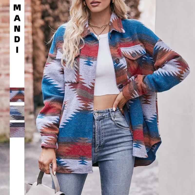 Women's Clothing 2023 Autumn and Winter New AZTEC Geometric Jacket Shirt Lapel Woolen