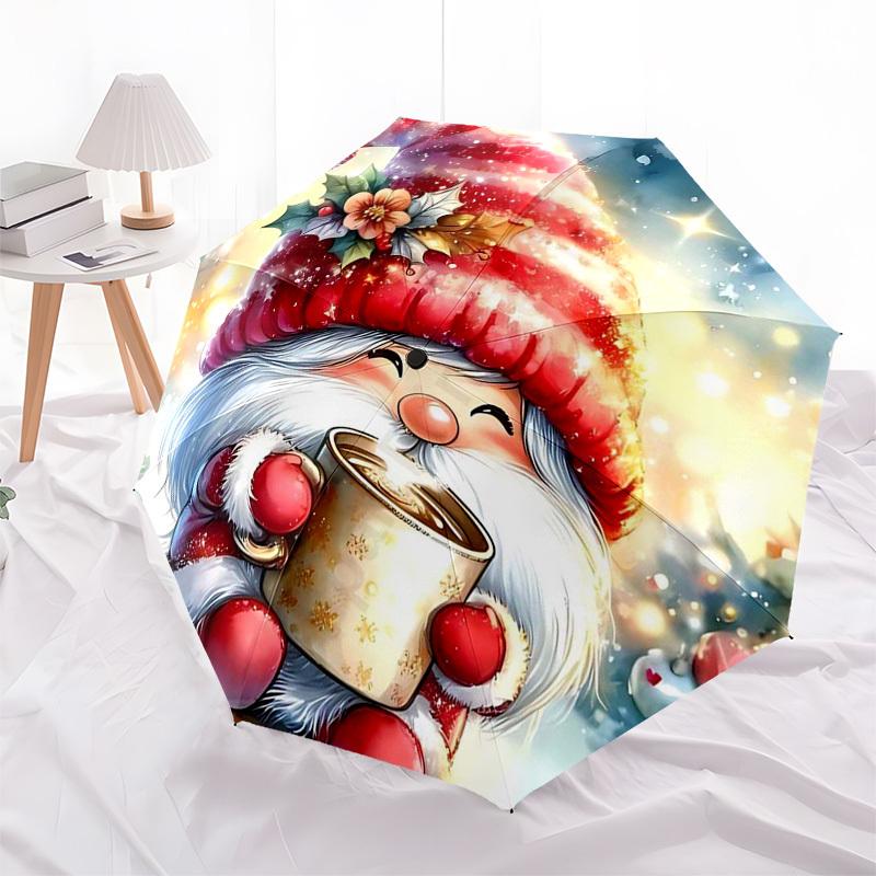 1pc Christmas Gnome with Festive Flowers: Automatic Opening/Closing Umbrella, Portable 3-Fold Design, 8-Bone Iron Frame Outdoor Umbrella, Perfect Gift