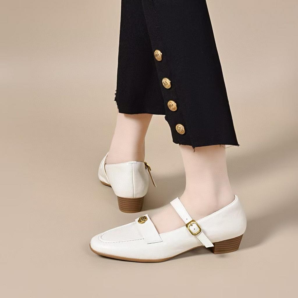 Retro camellia one-word buckle Mary Jane women's medium heel cowhide single shoes women's commuter round head small leather shoes