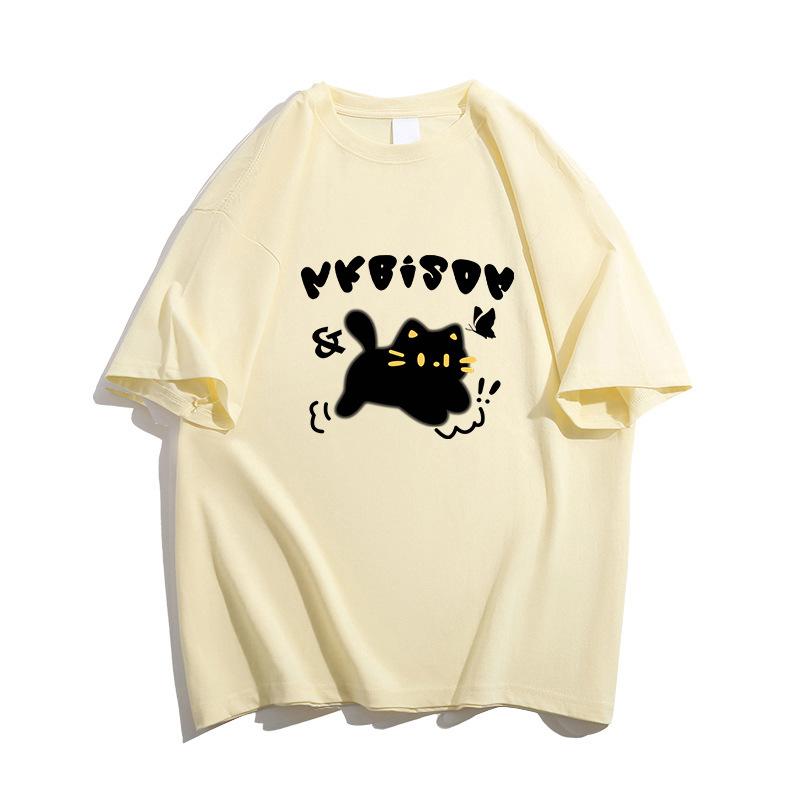 American Retro Design Kitten Print Short-sleeved T-shirt Pure Cotton Spring and Summer Loose Large Version Couple Men's and Women's Tops