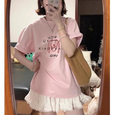 Summer Casual Loose Pink White T Shirt High Street Cute Letter Print Young Girl Short Sleeved T-shirts for Women's Harajuku Streetwear Tshirt Y2k Tops