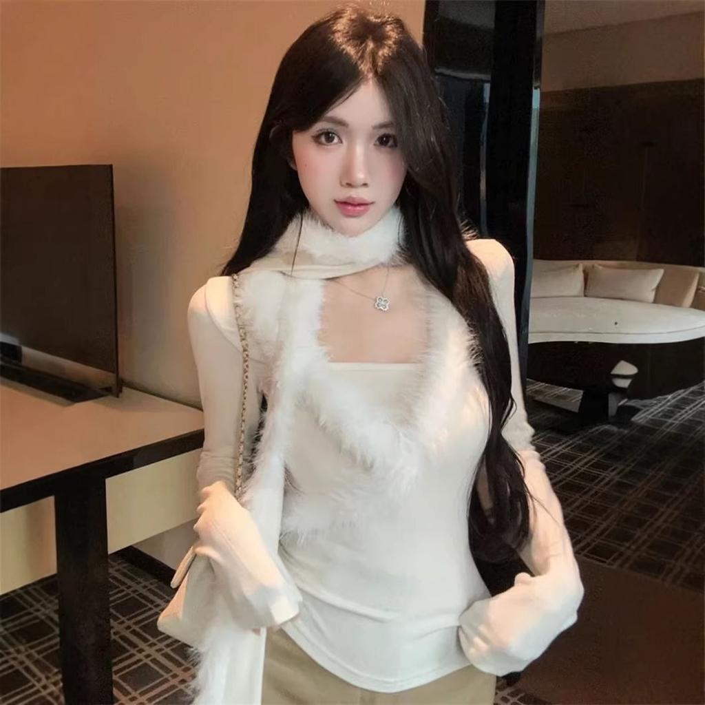 Pure Desire Style Design Mao Mao Scarf Splicing Slim-fitting Long-sleeved T-shirt Women's Autumn and Winter Temperament Beautiful and Thin Sexy Top