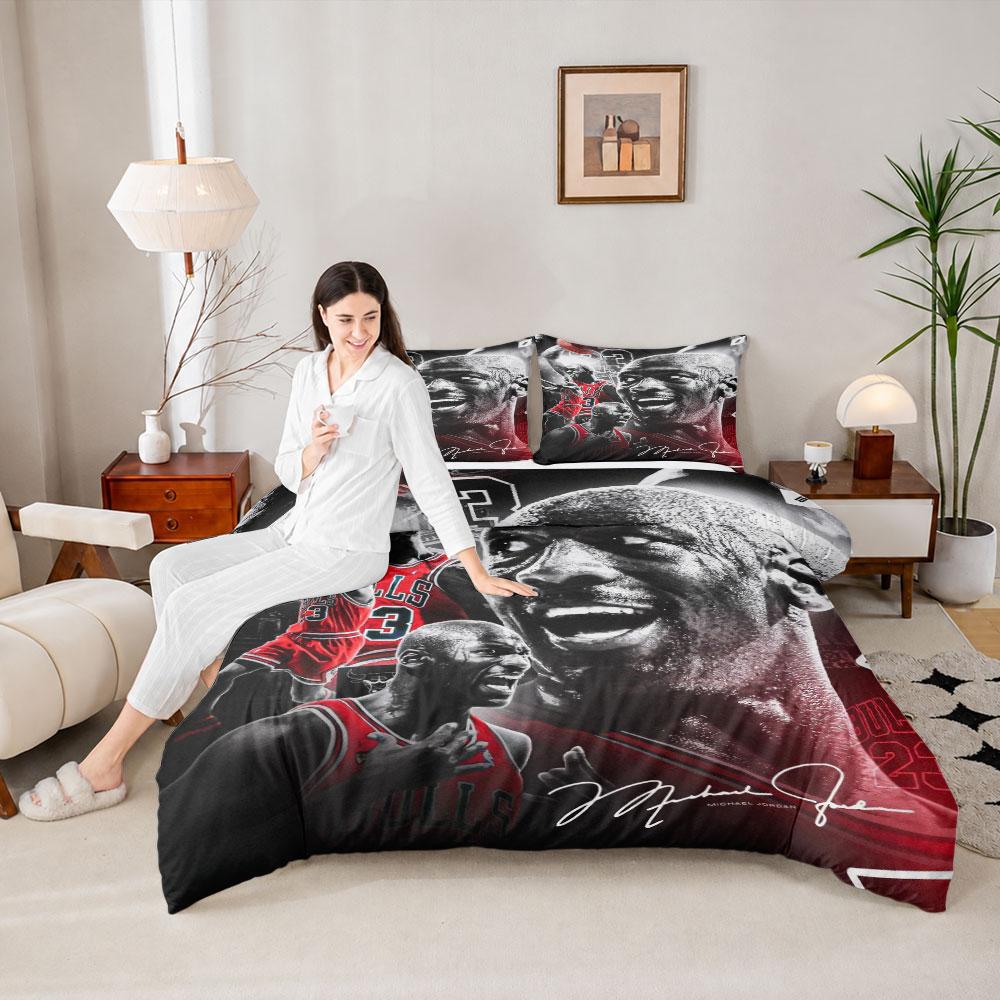 Classic Jordan Bulls Red Poster Red Duvet Cover with Pillowcases, Snug Bedding Set for All Seasons, Easy Care Duvet Cover Set