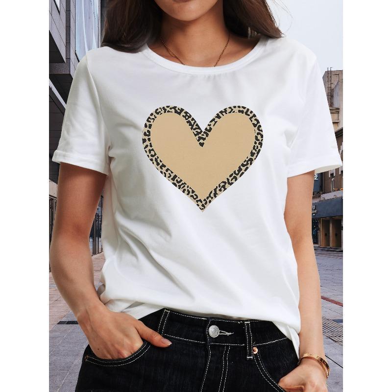 

Women s Leopard Heart Print T-Shirt - Soft Breathable Medium Stretch Fabric, Round Neck Short Sleeve Casual 4XL