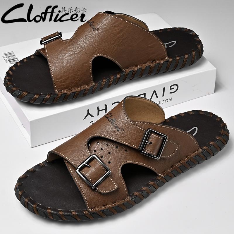Men's Slippers Leather Flats Men Summer Non-Slip Casual Straight Slippers Unique Leather Half Drag Outdoor Walking Shoes