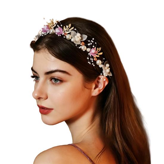 Headband Floral Butterfly Design Adjustable Ribbon Pale Pink Tulle Flowers Hair Hoop with Imitation Pearls Cubic Zirconia Decor Party Hair Accessory