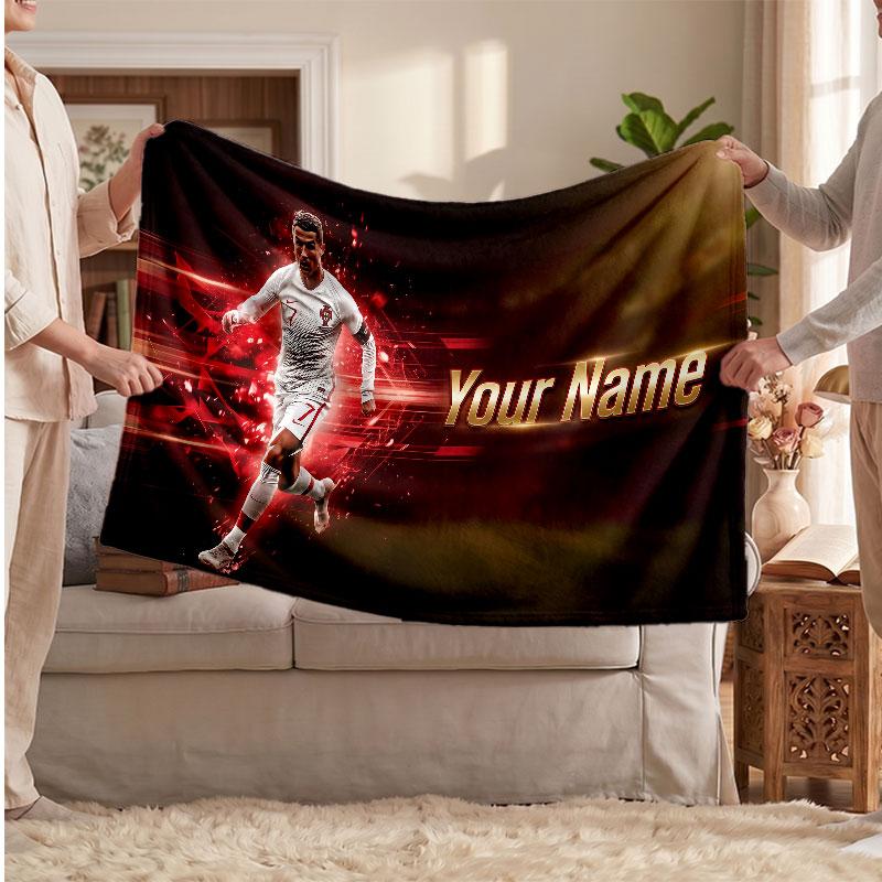 Personalisierte Fleece-Decke Cristiano Ronaldo mit Fußball-Logo, Individueller Name Text Weich Warm Home Überwurfdecke