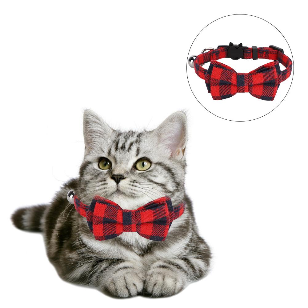 Cats Cute Bowknot Collars Plaid Tie Soft Cloth Bowtie with Bell Pets Decoration SuppliesRed