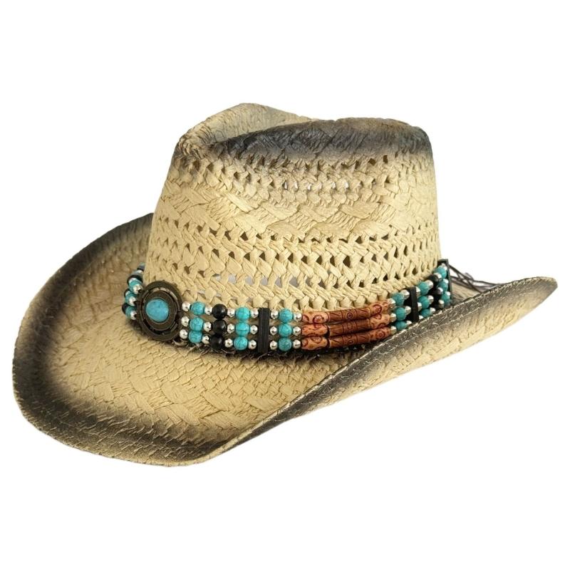 

Western Styles Straw Hat Wide Border Hat Sun Protecting Beaded Straw Hat for Men and Women