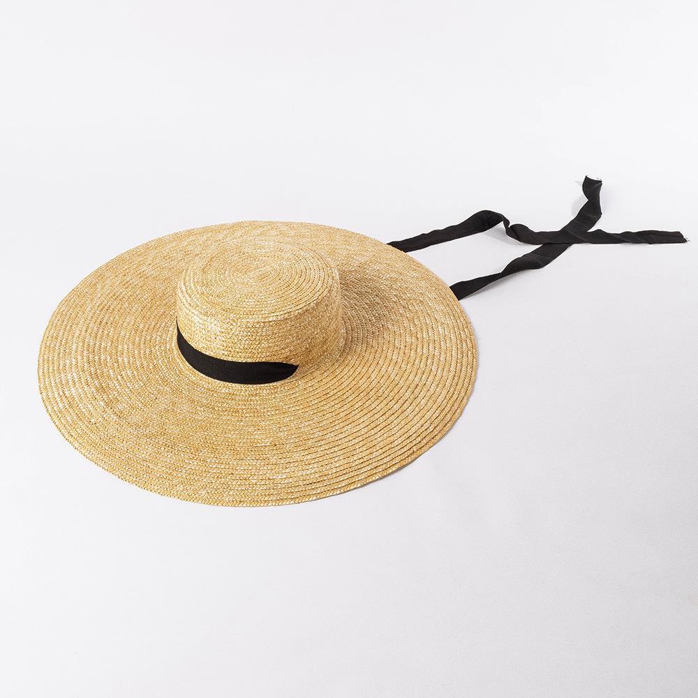 Summer new retro fashion big eaves straw tether flat top straw hat, beach travel sun protection flat top straw hat