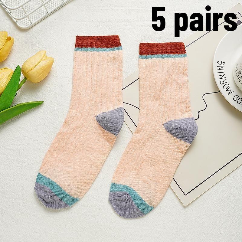 5 Paar Damen-Socken mit Spleiß-Design in Bonbonfarben, gerippt in der Mitte des Schlauchs, atmungsaktiv, schweißabsorbierend, hochelastisch