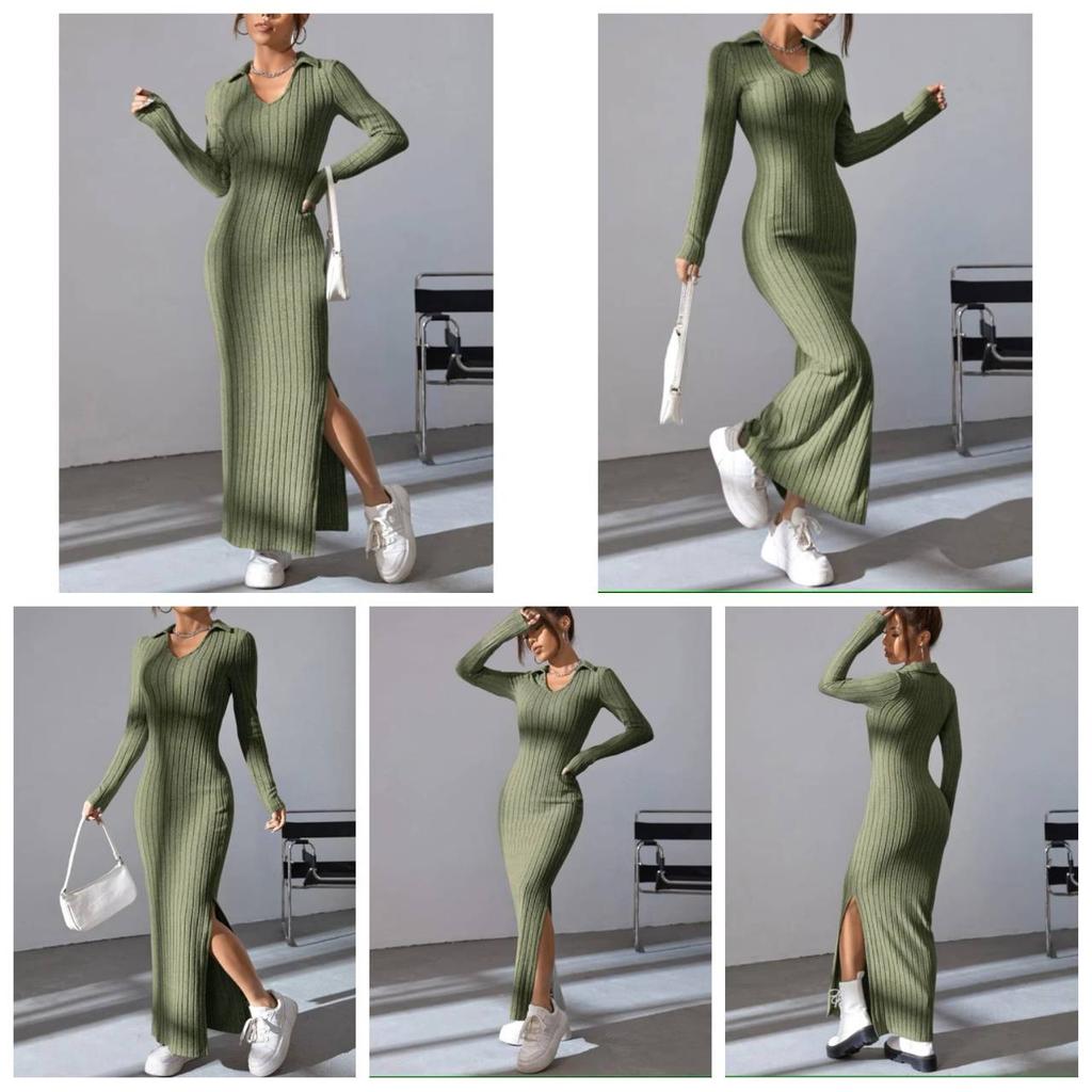 Jaro Podzim Pletený Pulovr V-výstřih Klubové Oblečení Silueta Klopa Dlouhý Rukáv Šaty Žebrované Jednobarevné Přiléhavé