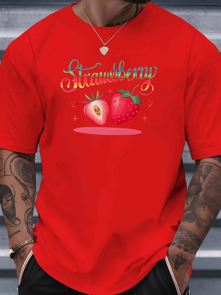 Cute Fruit Unisexs Crew Neck Cotton T Shirt Rainbow Script Strawberry Cartoon Berry Print Short Sleeve Casual Street Fashion Top