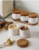 Japanese Style Ceramic Seasoning Jar Set Spice Jar Bottle With Spoon Kitchen Sugar Salt Spices Storage Box with Tray Pepper Jar