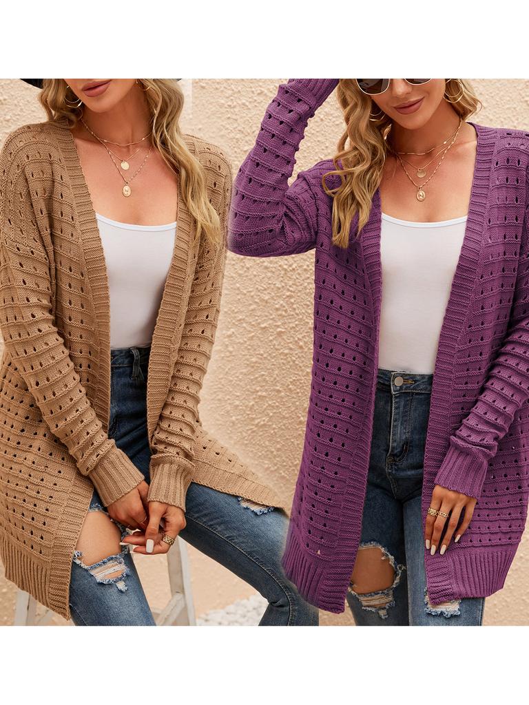 Dámský kardigan s otevřeným předním dílem, dlouhým rukávem, dírkovaný, volný, pletený, ležérní kabát