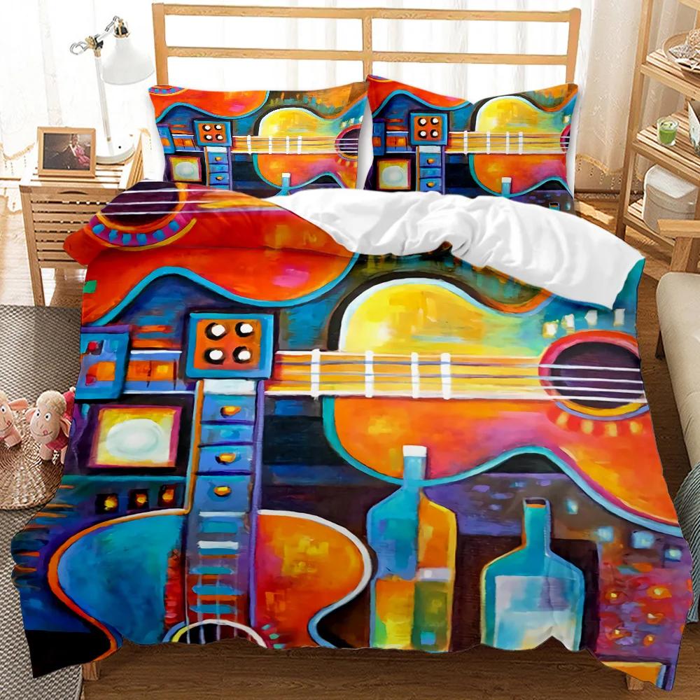 Guitar Duvet Cover Set Twin Rock Music Comforter Cover Set Hip Hop Hippie Quilt Cover Blue Guitar Polyester Bedding Set For Teen