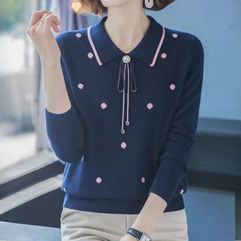 Elegant Mom Autumn Knit Sweater Middle Age Women Turn Down Collar Pullover Versatile Base Layer Top