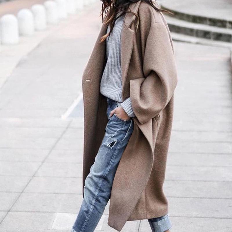 2022 Women's Plus Size Woolen Overcoat - Stylish European & American Solid Color Design
