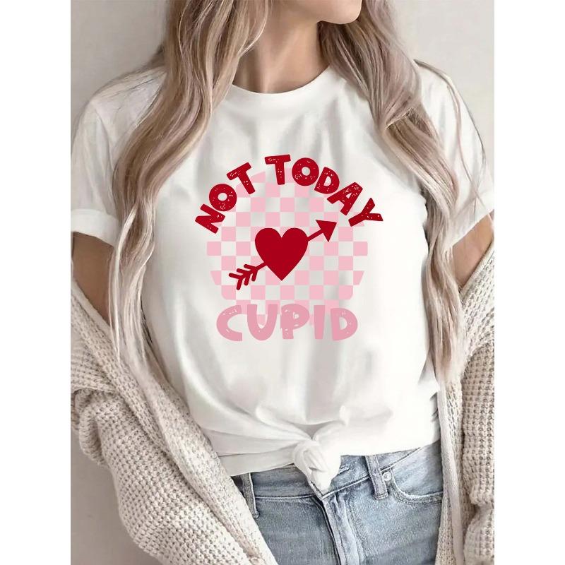 European size Plus Size - Plus Size - Cute Valentine S Day T-Shirt for Women | White Crew Neck Casual Tee with Not Today Cupid Print S белый