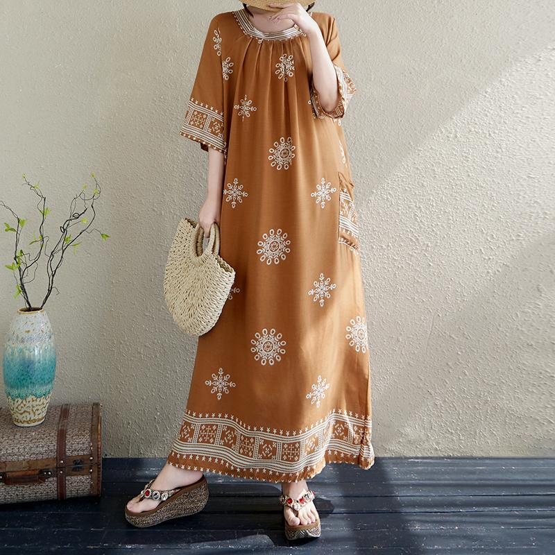 DIMANAF 2025 Summer Plus Size Dress Women Casual Long Vintage Cotton Dress Loose Basic Printing Dress