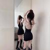 Be careful with the inner battle skirt, deep V-neck lace-up neck dress, women's pure desire sexy backless streamer hip-wrapped short skirt