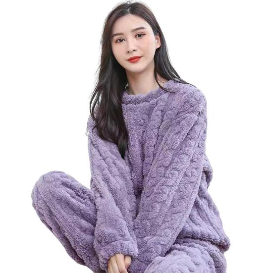 2 Pcs/Set Unisex Winter Pajamas Set Round Neck Solid Color Thickened Coral
