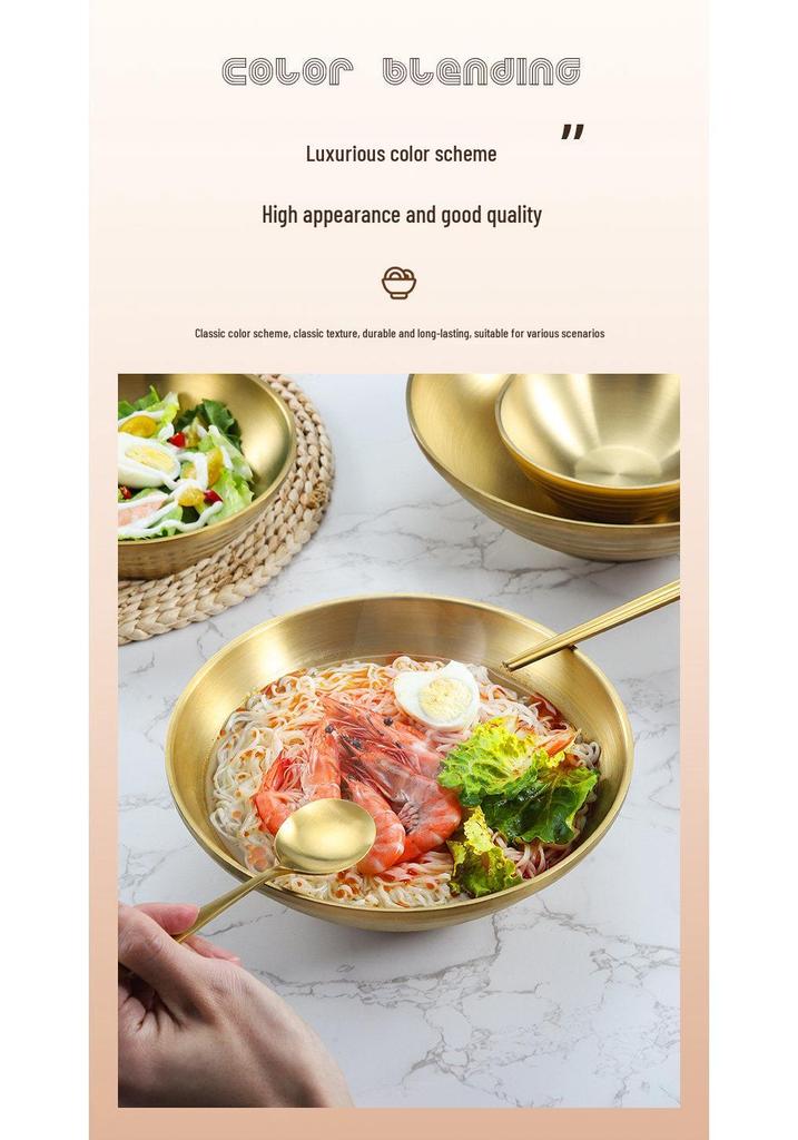 304 Stainless Steel Double Layer Heat-Insulated Ramen and Soup Bowl - Large Gold Noodle Mixing Bowl