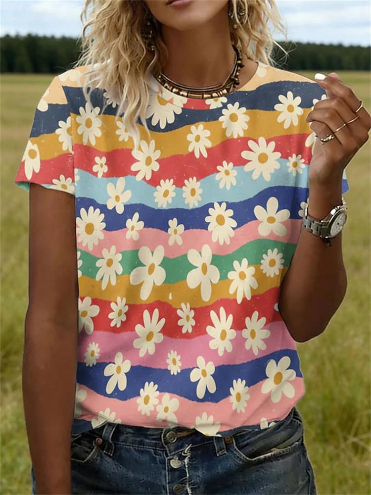 Women's Summer Fashion Casual T-Shirt 3D Floral Print Round-Neck Short-Sleeve Top Elegant and Chic Women's Short-Sleeve Top