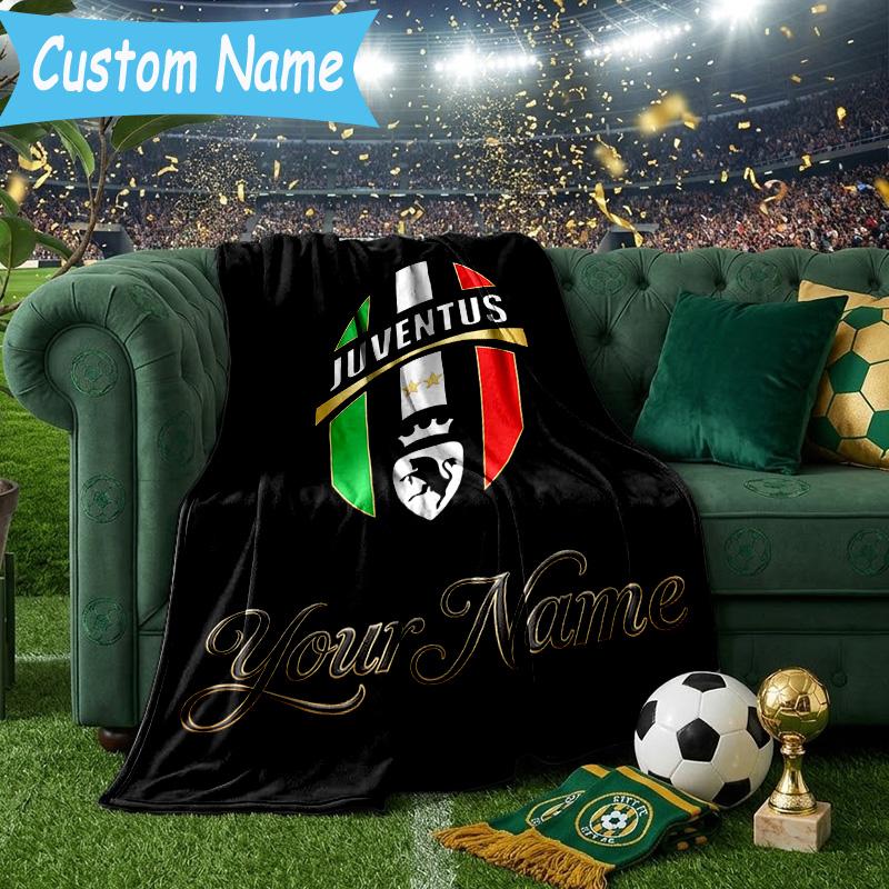 Custom Name Juventus Football Crest Flannel Blanket, Use for Birthday/Holiday Gift, Soft Blanket for Sofa/Bed/Camping/Office, Home Decor