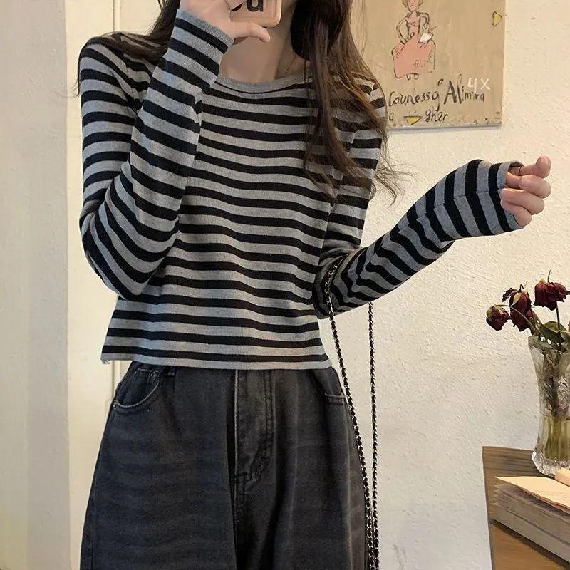 Versatile Round Neck Striped Slim Fit Short Long Sleeve Top Autumn Fashion Versatile Base Layer Women's