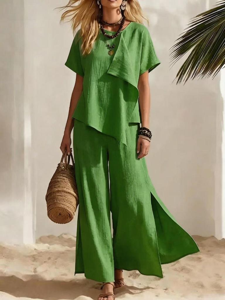 Women's Summer New Fashion Casual Irregular Short Sleeve Top Wide Leg Pants Set