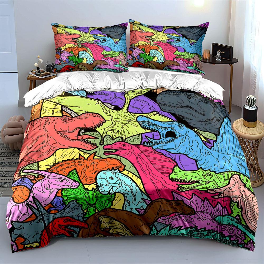Colorful Dinosaur Cartoon Illustration Print Bedding Set 1Duvet Cover 2 Pillowcases For Adult And Children Luxury Gift Full Size