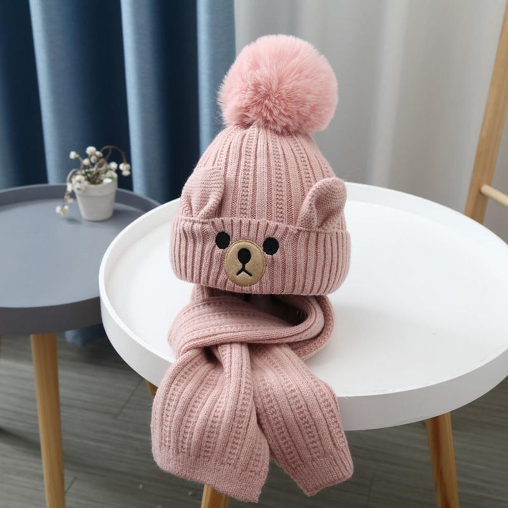 Knitting Wool Beanie Plush Warm Knitted Cap Comfortable Bear Children Scarf Hat Set Baby