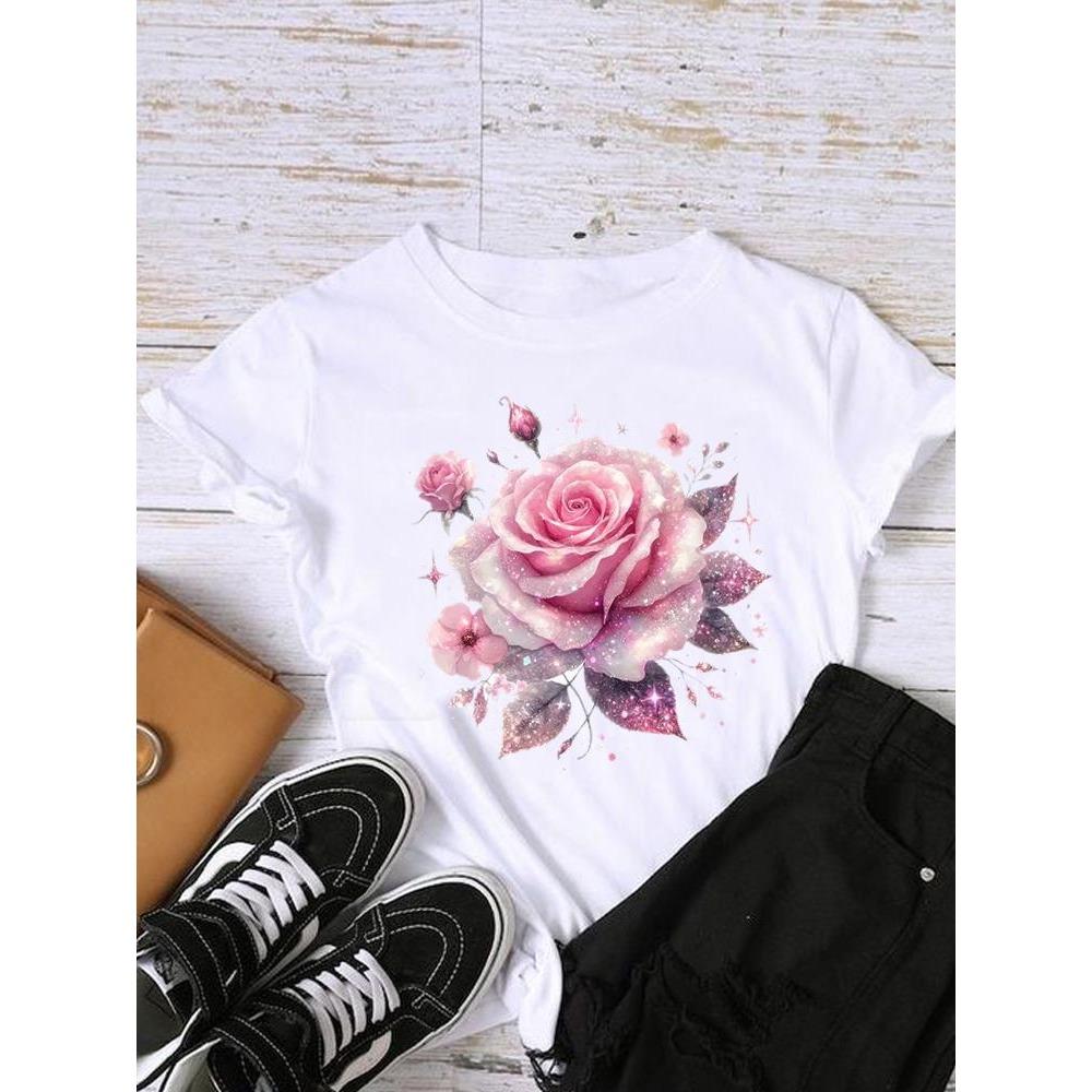 Style Flower Trend Clothing Graphic T-shirts Lady Short Sleeve T Shirt Women Print Female Fashion Clothes Casual Tee