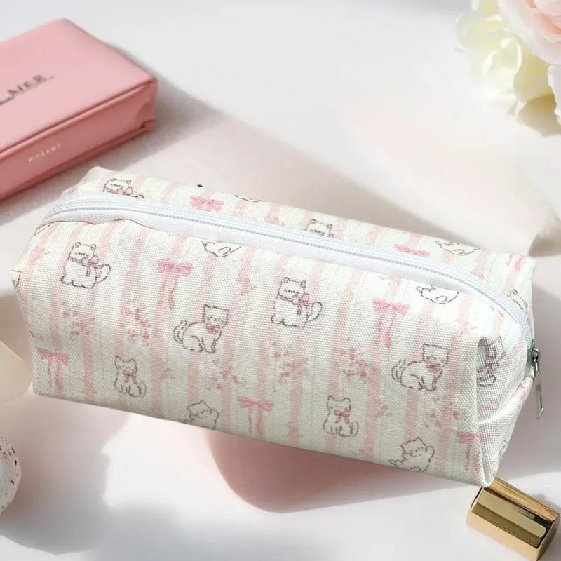 1Pcs School Office Supplies Gifts Cartoon Bow Cat Pencil Pouch Large Capacity Pen Bag Stationery Storage Bag Small Makeup Bag