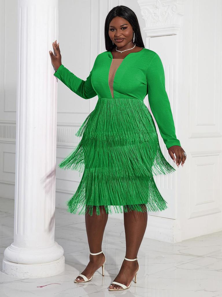 Wedding Guest Dresses Womens Summer Party Dresses Elegant Ladies V Neck  Stitching Tassel High Waist Back