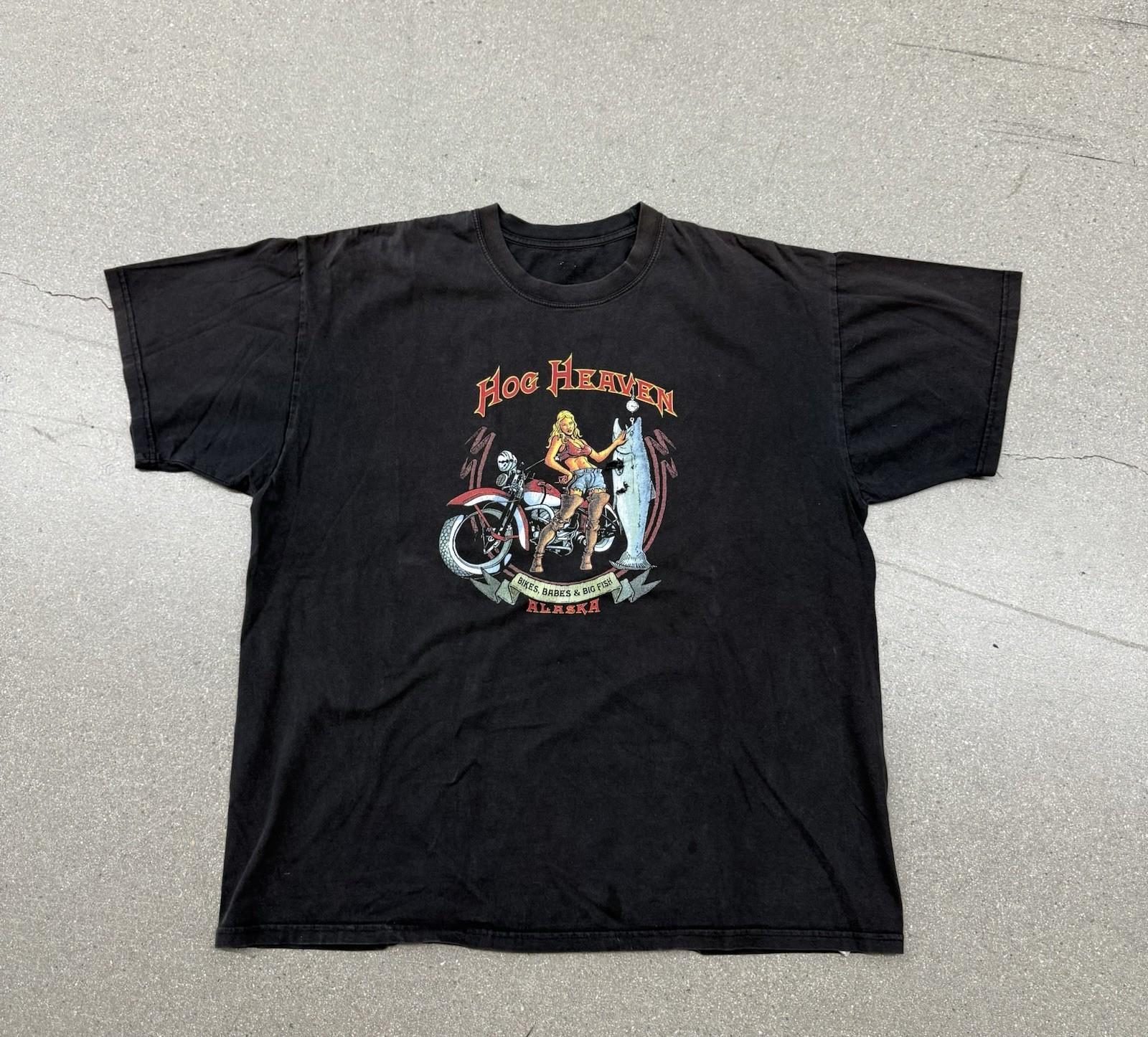 Vintage Hog Heaven Biker Alaska Graphic Grunge Distressed T-shirt Men’s XL Black Unisex T-Shirt XL