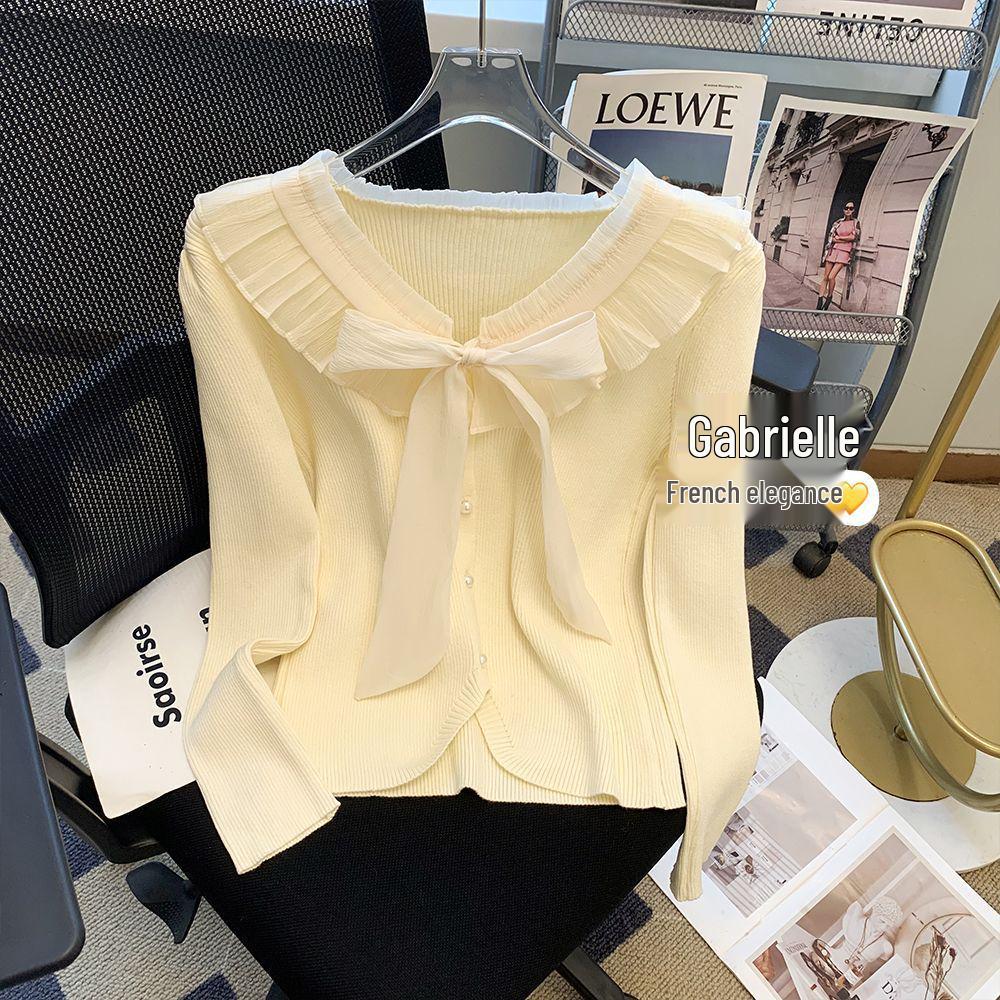 

Женский высококачественный вязаный свитер с воротником Питер Пэн и оборкой-бантом - Осень/Зима One Size абрикосовый