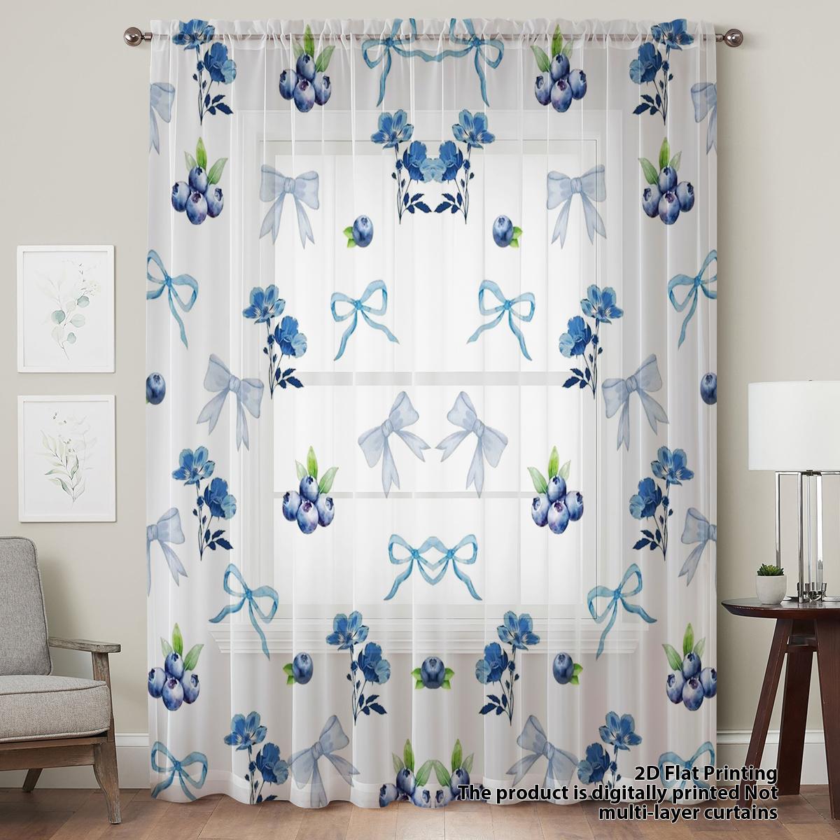 

1PC Blue Blooming Fruit Floral Window Curtain Soft Watercolor Design Living Room Bedroom Decorative Sheer Rod Pocket Curtain 100*130 HOOK 1pcs