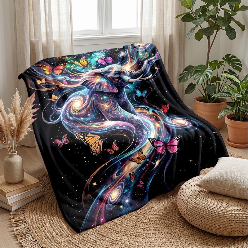 Flowered Elephant with Butterflies Theme Blanket Lightweight Warm Flannel Blanket Decorative Throw Blanket for Home Decoration