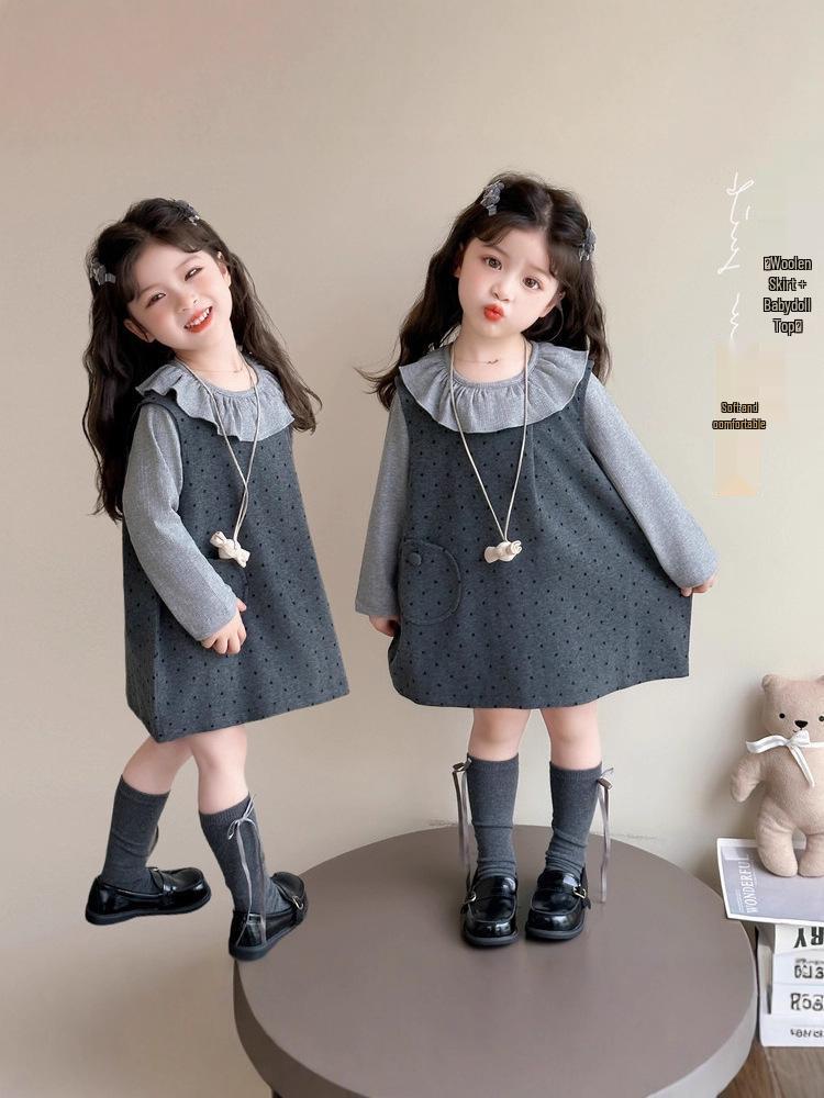 2025 New Fashionable Woolen Long Sleeve Two-Piece Autumn Dress Set for Baby Girls