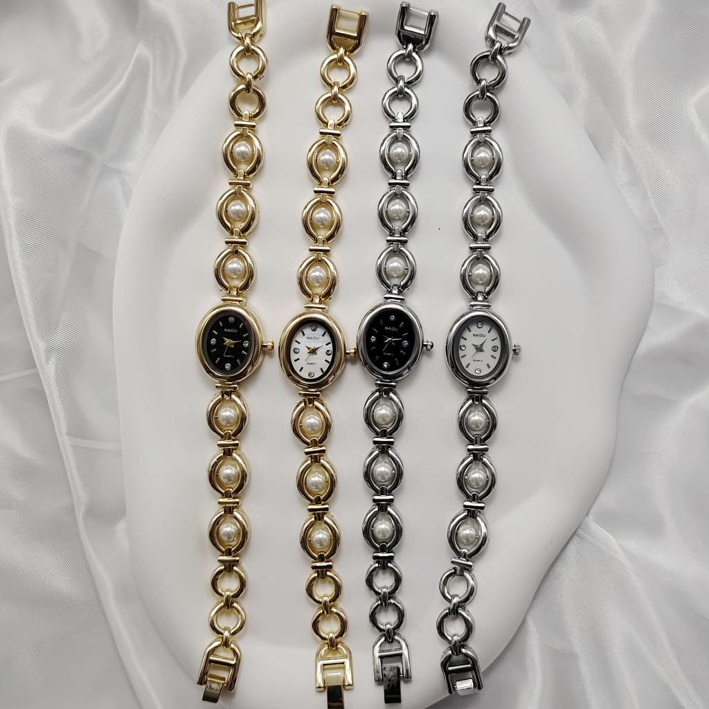 Vintage Oval Quartz Wristwatch Simulation Pearl Bracelet Watche for Women Watches