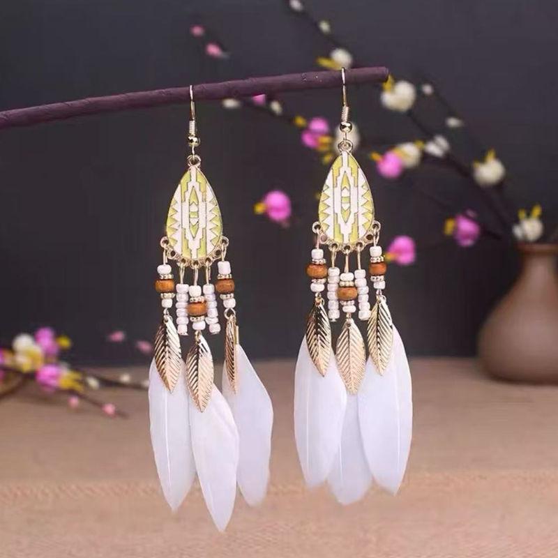 Vintage Lange Feder-Hängeohrringe für Damen Böhmischer Schmuck