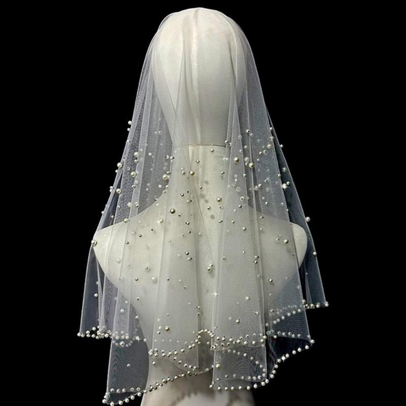 Wedding Veil Beaded Studded Pearls Encrusted Veil Bride Hair Accessoies Sheer